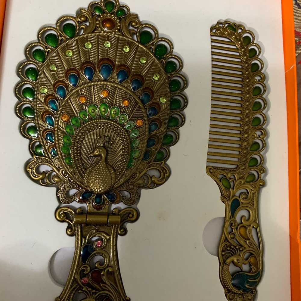 Vintage Peacock Design Mirror and Comb Set